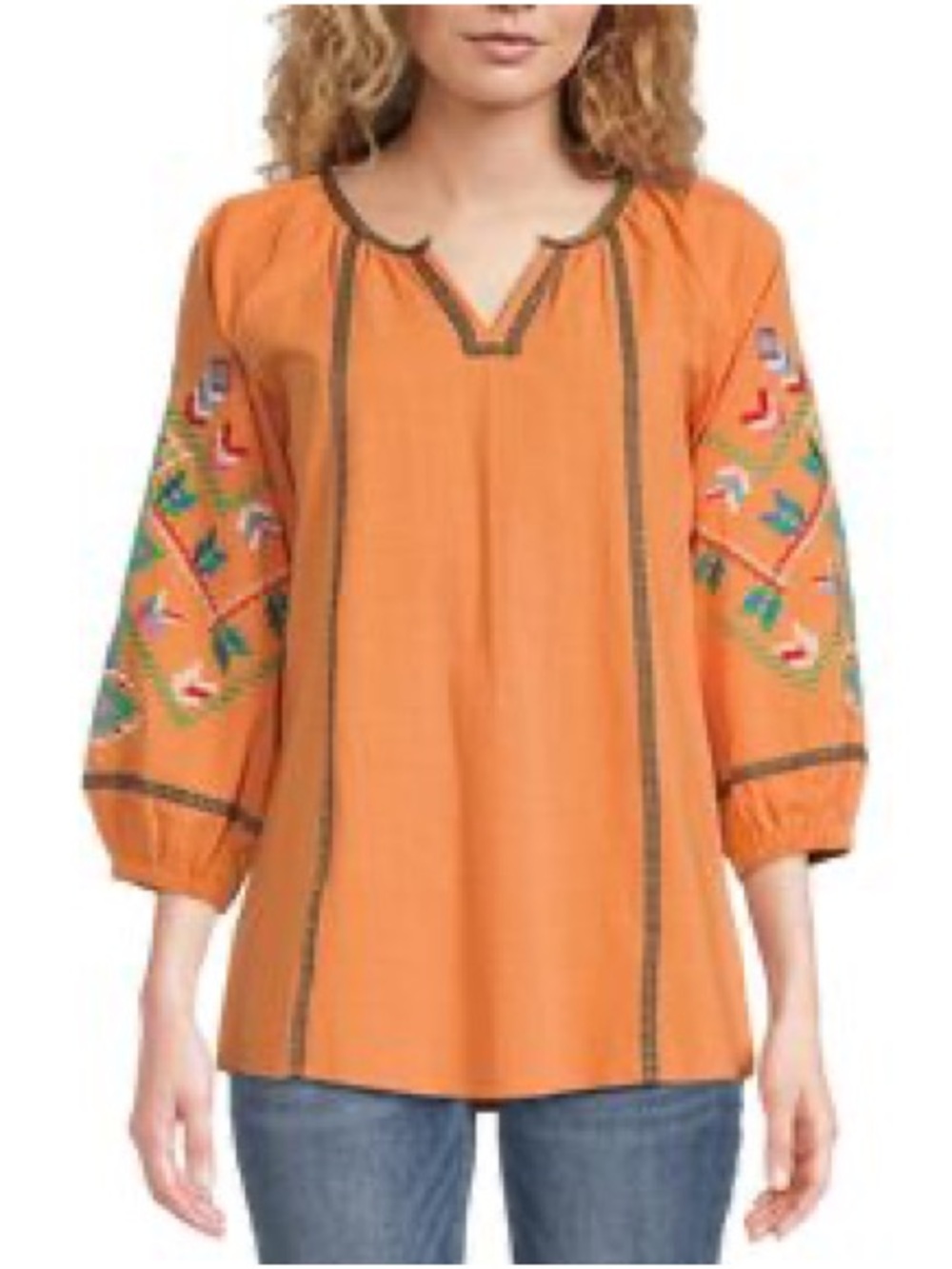 Calessa Tunic Top Womens 2X Orange Embroidered Peasant Blouse Boho Folk